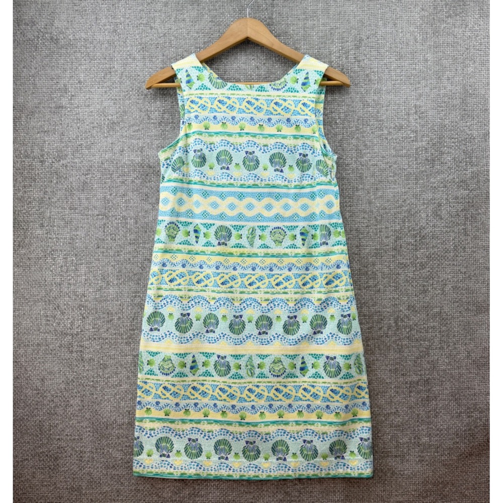 Talbots Shift Dress Blue Seashell Print Womens Size 6P Tieback Cotton Pique